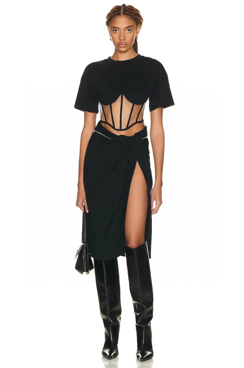 Edgy Mesh Detail Corset Cropped T-Shirt