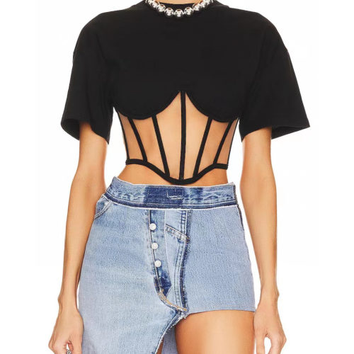 Edgy Mesh Detail Corset Cropped T-Shirt