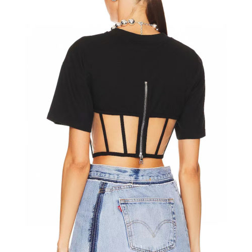 Edgy Mesh Detail Corset Cropped T-Shirt