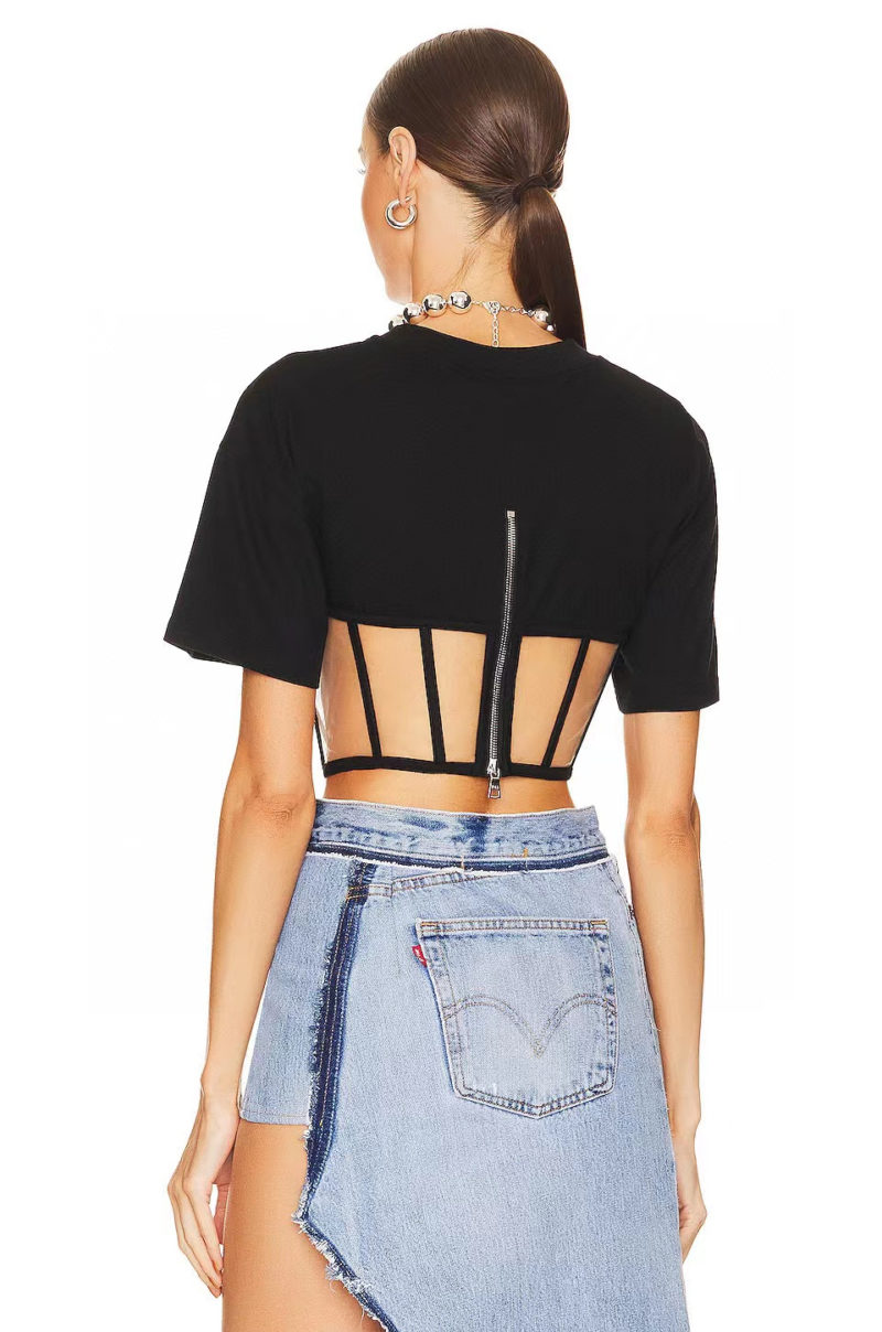 Edgy Mesh Detail Corset Cropped T-Shirt