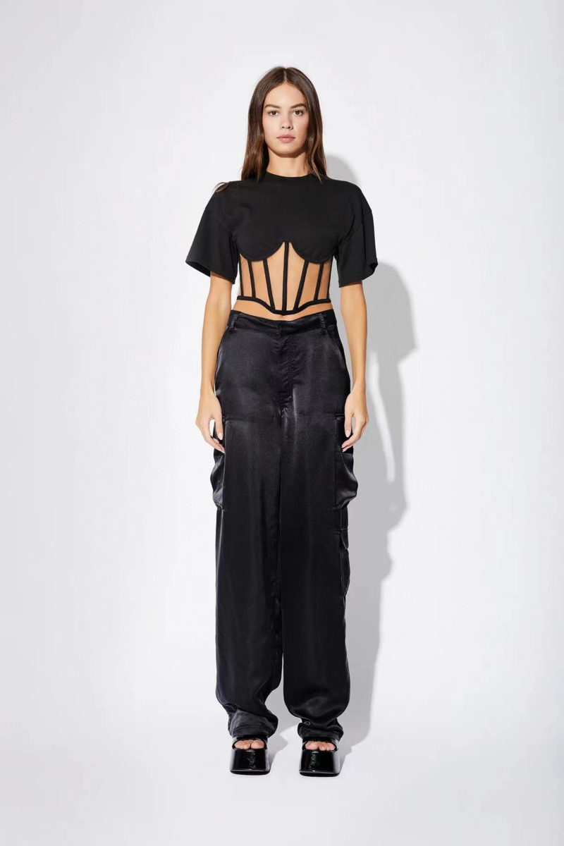 Edgy Mesh Detail Corset Cropped T-Shirt