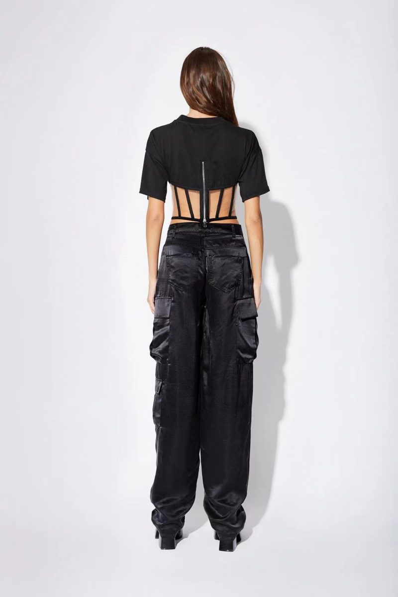 Edgy Mesh Detail Corset Cropped T-Shirt