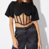 Edgy Mesh Detail Corset Cropped BLACK T-Shirt