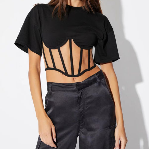 Edgy Mesh Detail Corset Cropped BLACK T-Shirt