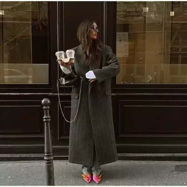 Striped Notched Long Coat