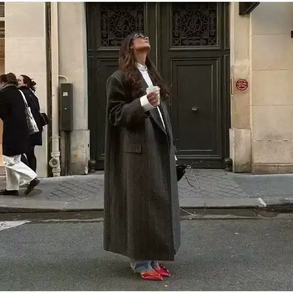 Striped Notched Long Coat