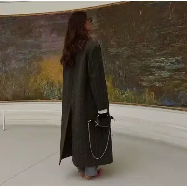 Striped Notched Long Coat