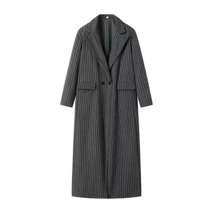 Striped Notched Long Coat