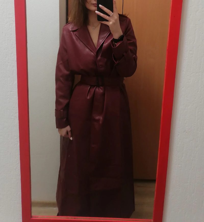 Belted Single-Breasted Faux Leather Burgundy Coat