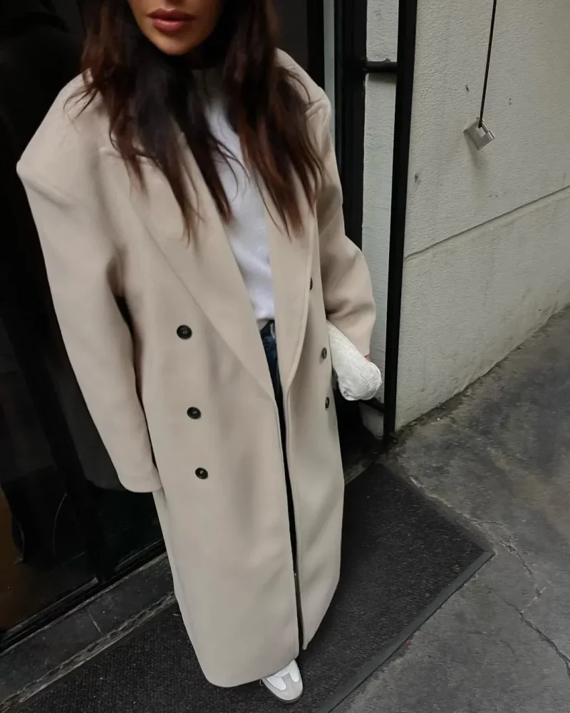 Woolen Lapel Double-Breasted Coat