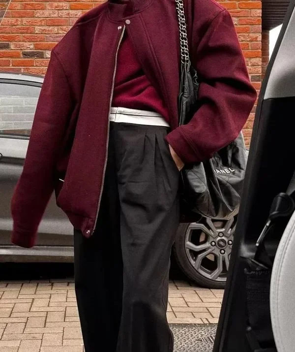 Round Neck Woolen Baseball Jacket Burgundy