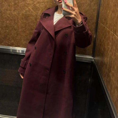 Burgundy Lapel Belted Overcoat