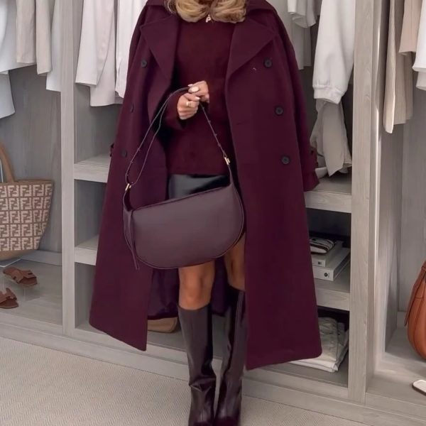 Burgundy Lapel Belted Overcoat