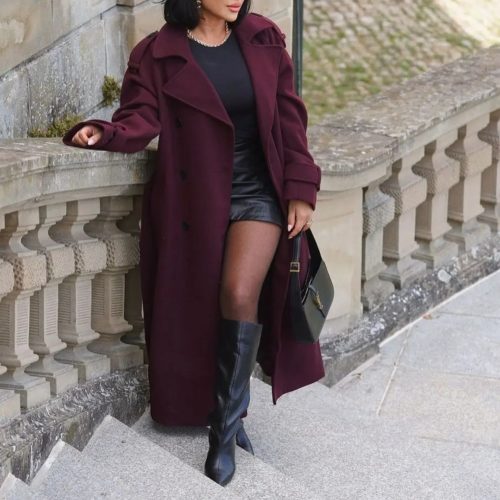 Burgundy Lapel Belted Overcoat