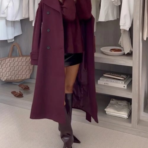 Burgundy Lapel Belted Overcoat