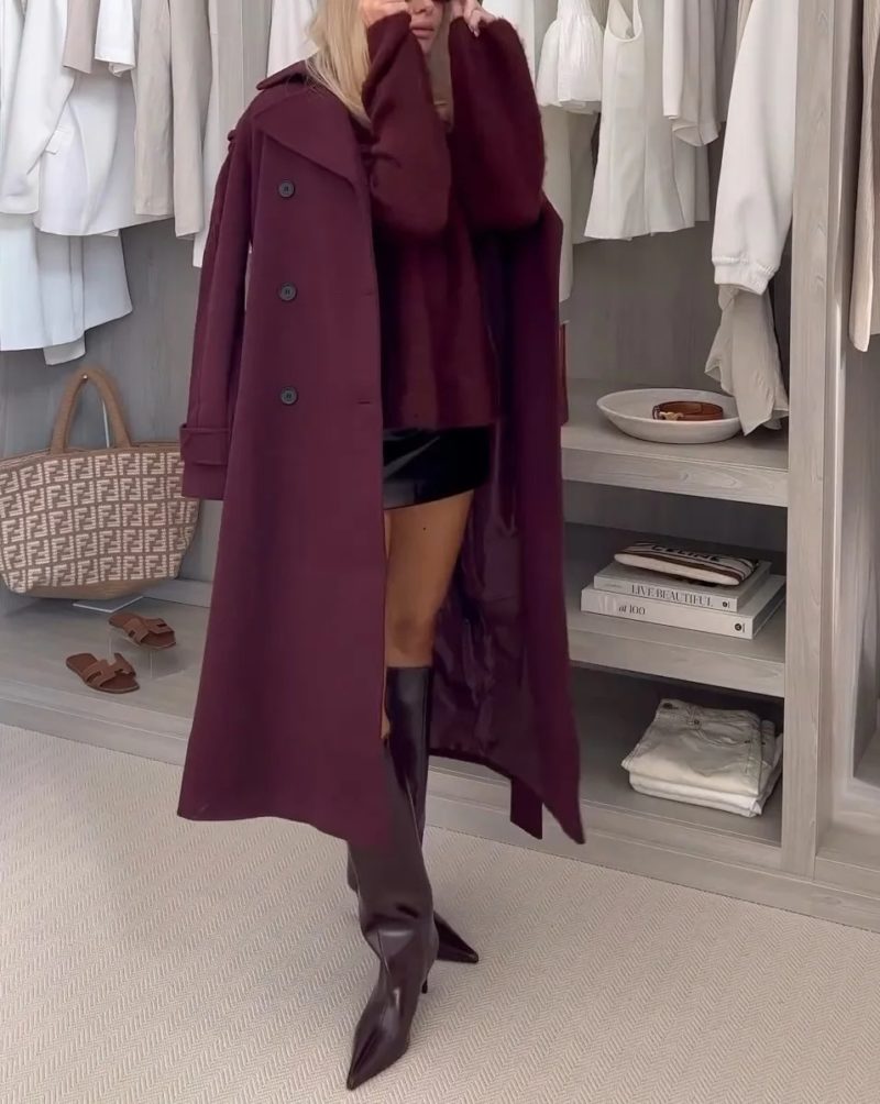 Burgundy Lapel Belted Overcoat