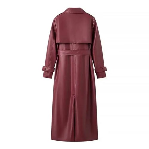 Belted Single-Breasted Faux Leather Burgundy Coat