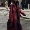 Belted Single-Breasted Faux Leather Burgundy Coat