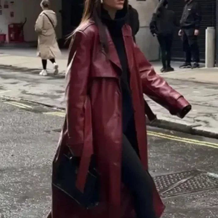 Belted Single-Breasted Faux Leather Burgundy Coat