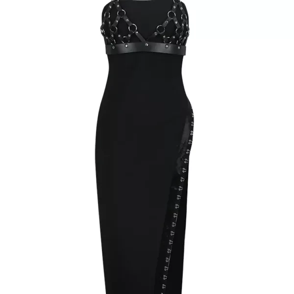 Leather Straps Black Midi Dress