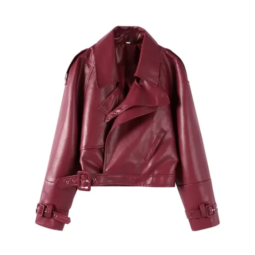 Cropped Faux Leather Bomber Burgundy Jacket