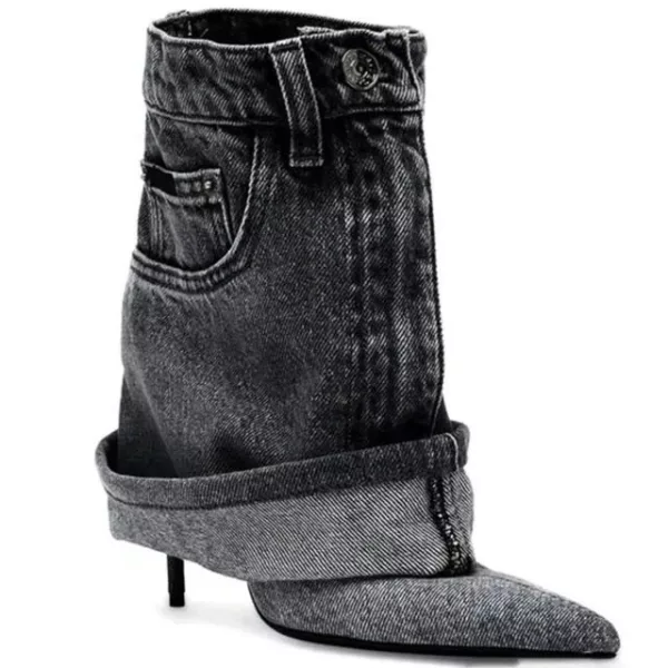 Stiletto Peep Toe Black Denim Boots