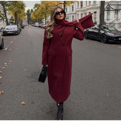 Burgundy Double Breasted Scarf Coat