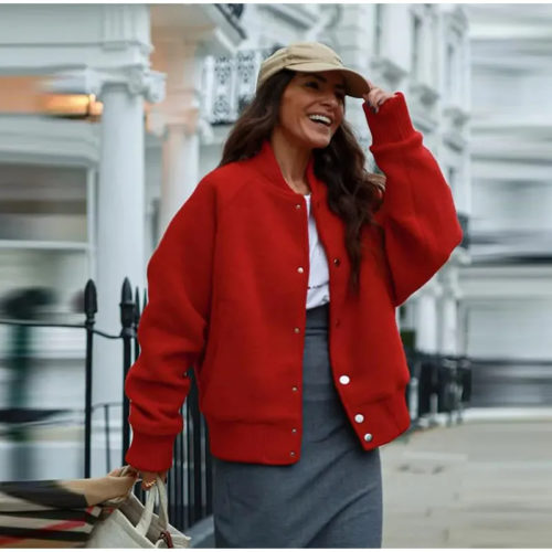 Relaxed Fit Varsity Bomber Jacket in red