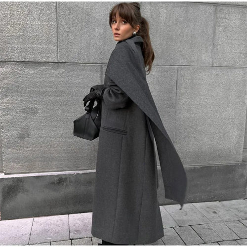 Oversized Scarf Collar Wool Coat in gray