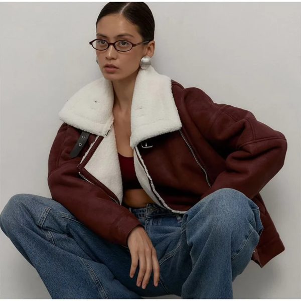 Burgundy Faux Leather Shearling Jacket