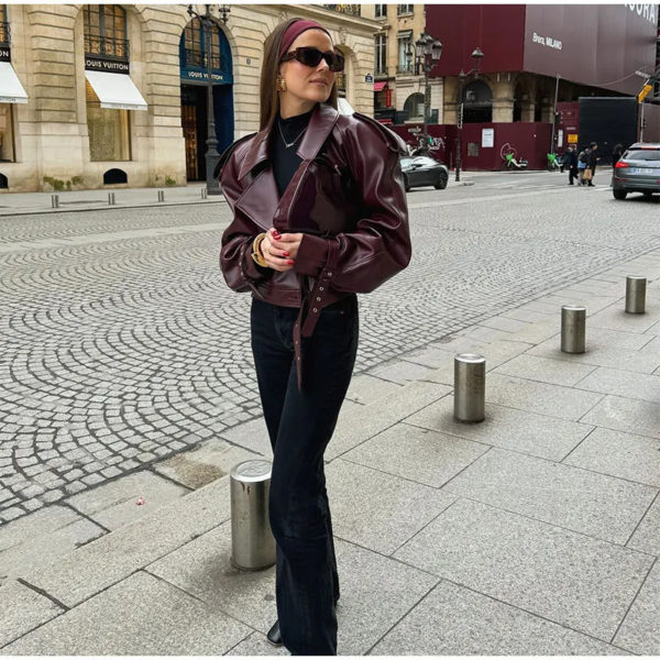 Cropped Faux Leather Bomber Burgundy Jacket