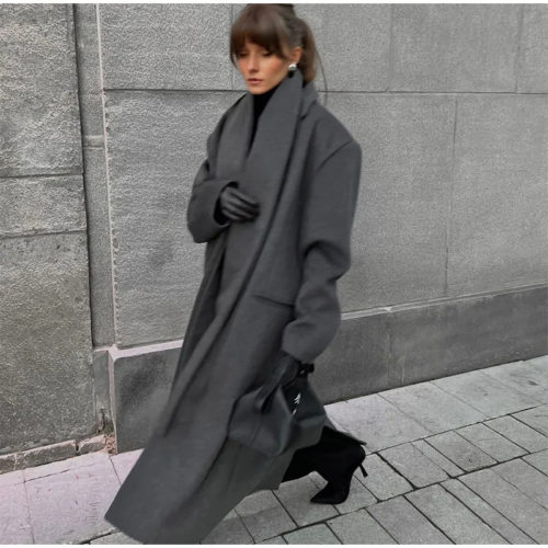 Oversized Scarf Collar Wool Coat in gray