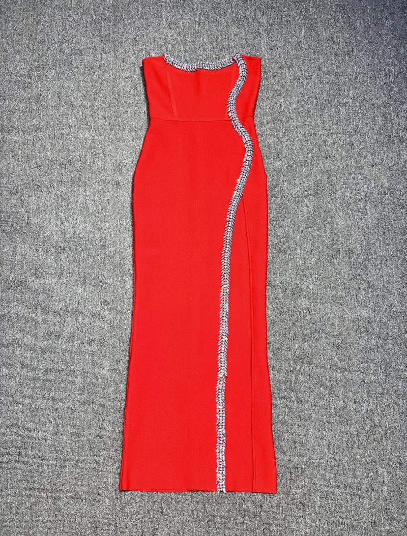 Red Strapless High Split Dress