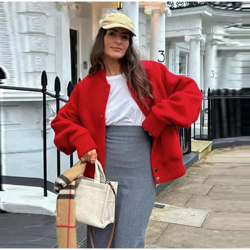 Relaxed Fit Varsity Bomber Jacket in red