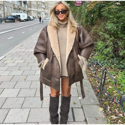 Belted Shearling Oversize Jacket