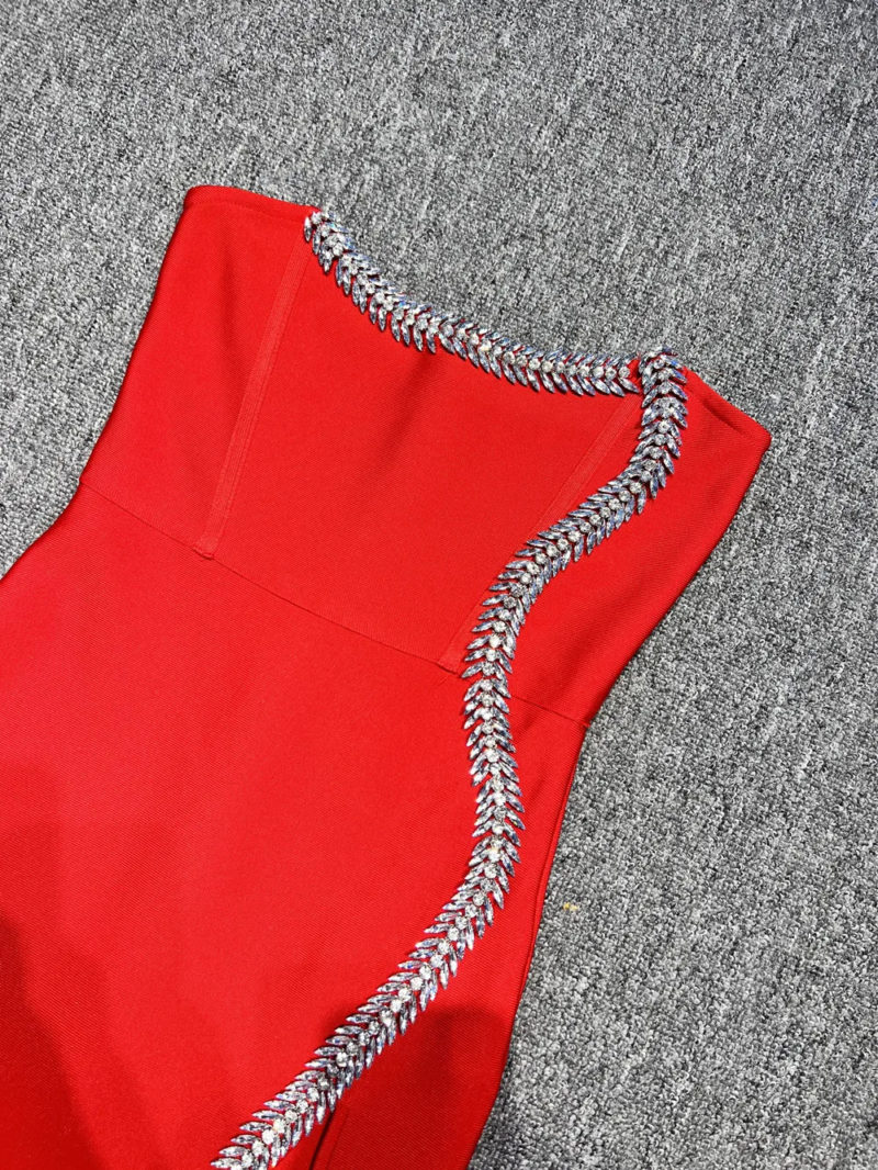 Red Strapless High Split Dress