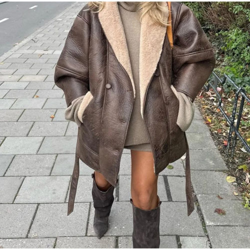 Belted Shearling Oversize Jacket brown