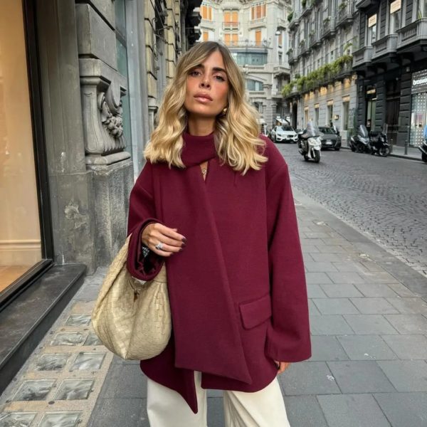 Burgundy Woolen Oversized Jacket