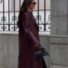 Longline Leather Overcoat Full Sleeves in burgundy