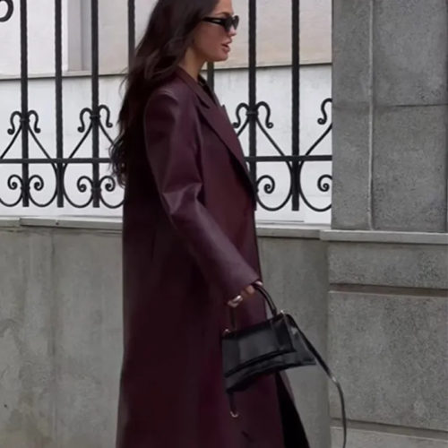 Longline Leather Overcoat Full Sleeves in burgundy