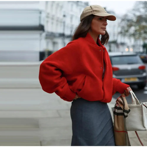 Relaxed Fit Varsity Bomber Jacket in red