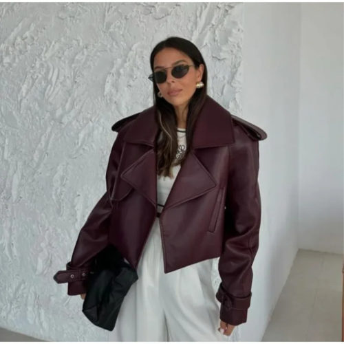 Burgundy Lapel Leather Jacket