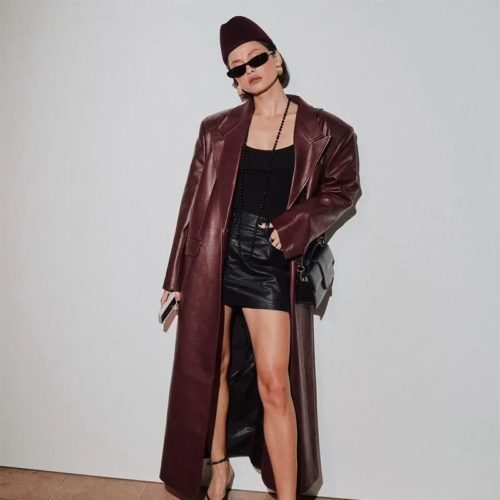 Longline Leather Overcoat Full Sleeves in burgundy