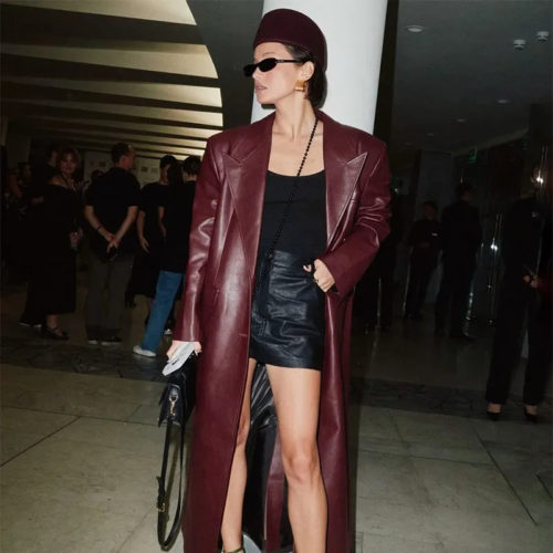 Longline Leather Overcoat Full Sleeves in burgundy