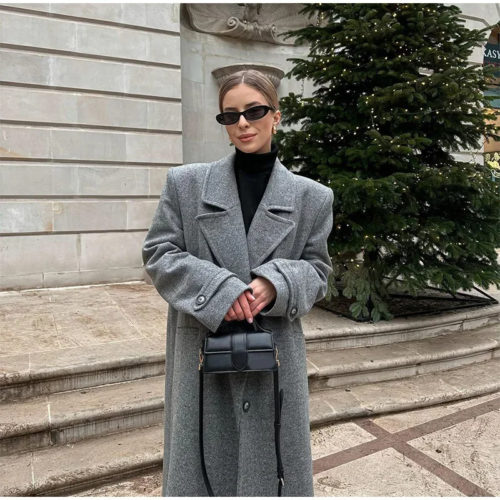 Gray Padded Shoulder Wool Coat