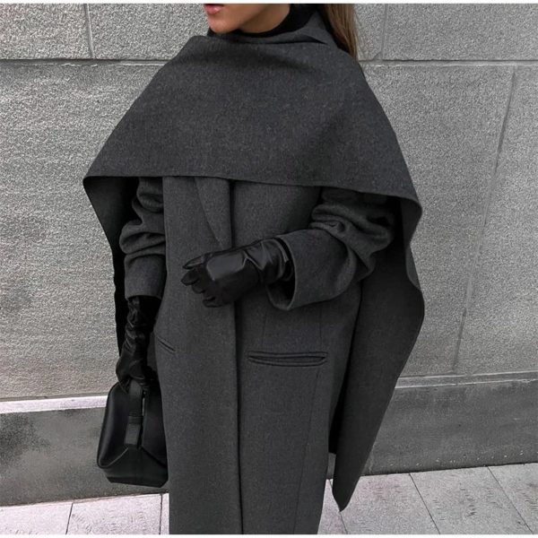 Oversized Scarf Collar Wool Coat in gray