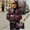 Burgundy Cropped Faux Leather Bomber