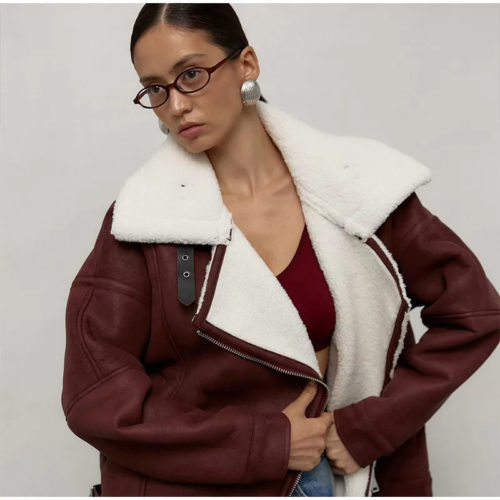 Burgundy Faux Leather Shearling Jacket