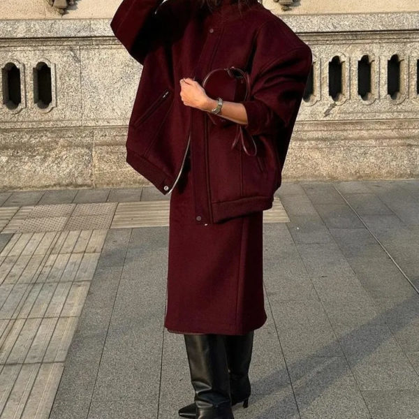 Round Neck Woolen Baseball Jacket Burgundy