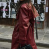 Belted Single-Breasted Faux Leather Burgundy Coat